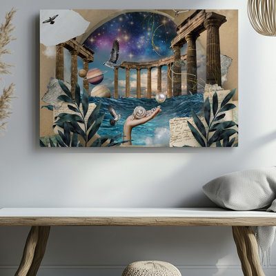 Toile, un collage fantaisiste dévoile un thème céleste rêveur où des étoiles scintillantes et des planètes vibrantes flottent au milieu d'une toile tendue