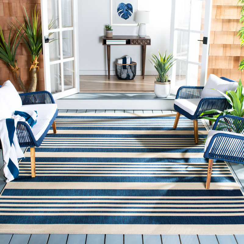 Arneshia Striped Navy/Beige Indoor / Outdoor Area Indoor/Outdoor Area Rug, Rectangle 9' x 12'