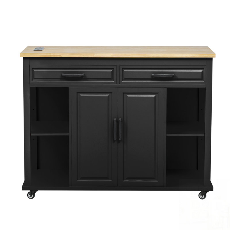 Îlot de cuisine extensible avec table de salle à manger, placage en bois d'hévéa, rangement interne et prises de courant pour les cuisines modernes