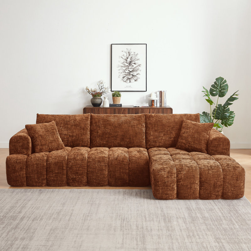 Canapé modulaire en chenille orange 108 po, conception capitonnée et ressorts ensachés, sans assemblage, Chenille orange