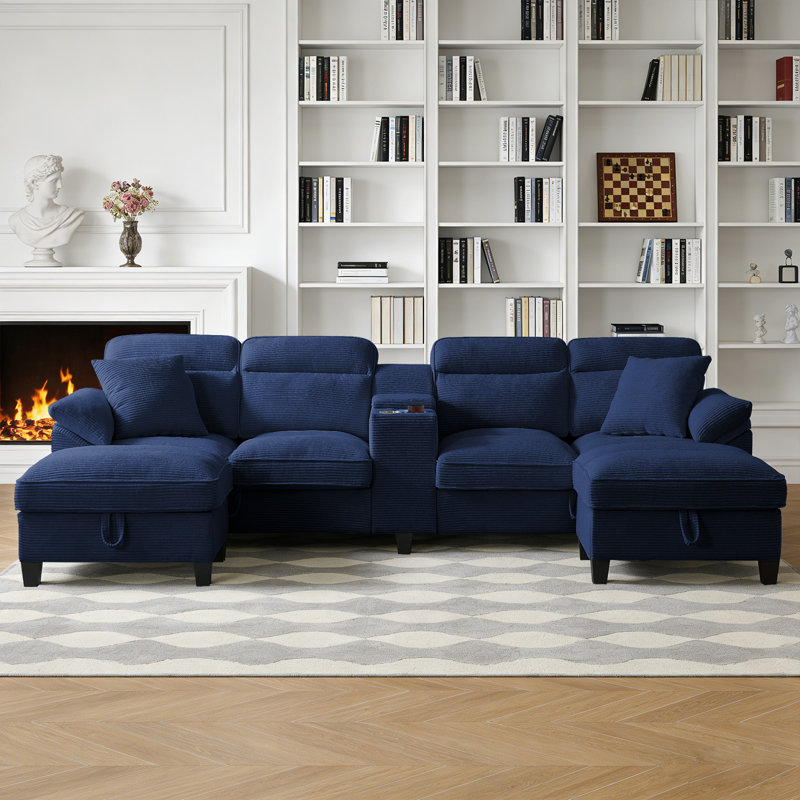 Corduroy U - Shaped Sectional Sofa With Storage Ottomans & USB - C Port - Modern Cloud Couch, Blue