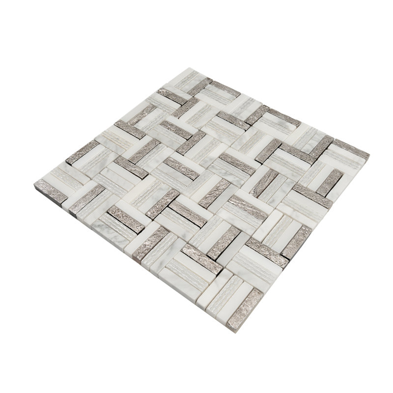 Artisana 12x12 in. Silver White Polished, Textured, Foiled Stone Block Basketweave Mosaic Wall and Floor Tile (4.83 sq ft/case, 5-Pack)