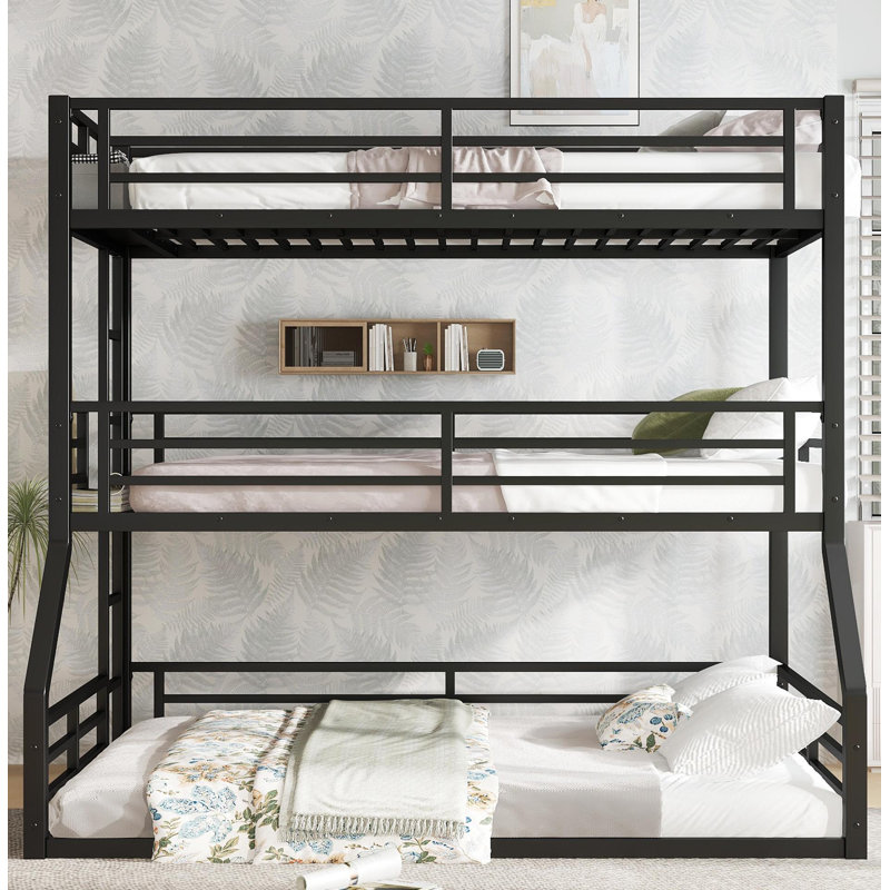 Bunk Bed, Metal Triple Bunk Bed with Safety Guardrails, Heavy-duty Bunk Bed with Noise-reduced Design, Black