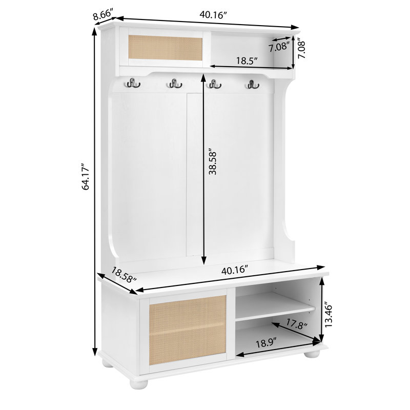 Clothes Hanger Hall Tree Storage Bench Shoe Rack For Entryway, Hall Tree With Bench And Shoe Storage, Hall Tree Entryway Bench With Rattan Door 40.16"W*18.58"D*64.17"H