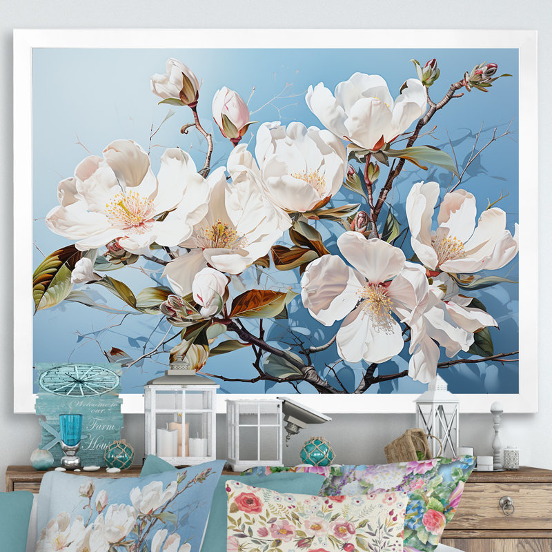 «Magnolias» blanc et bleu I - impression, Cadre simple blanc, H 16 po x l 32 po x P 1 po