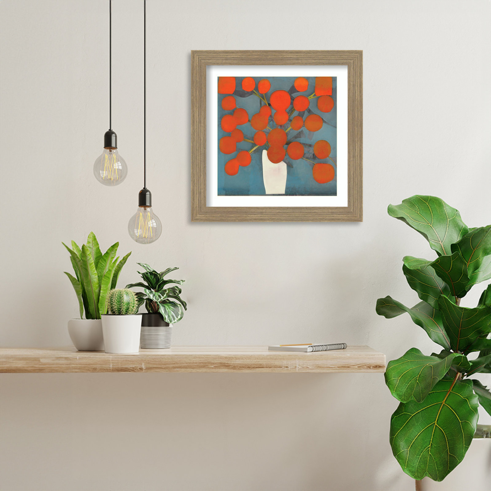 Abstract Orange Flowers by Elena Ray Wood Framed Wall Art Print, Brown, 14" H x 14" W