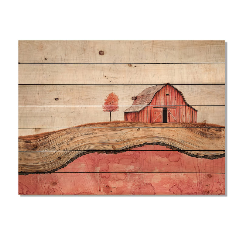 Autumn Farm On A Wooden Slide Landscape II - Barn Wood Wall Decor - On Natural Pine Wood, 34" H x 44" W x 0.78" D