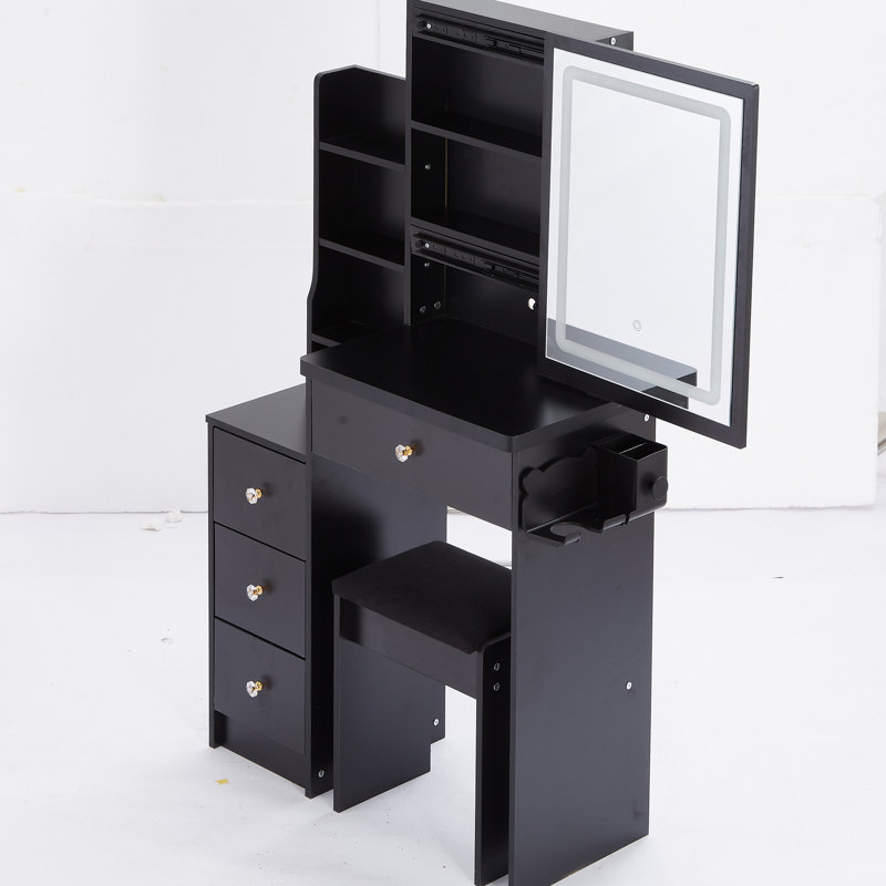 Table de coiffeuse noire avec tabouret rembourré - 2 ac et puissance, miroir à DEL tactile, interrupteur, petit siège et siège de style américain, + douille, fonction coulissante de miroir, option,