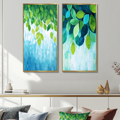 Forest Leave Greens in the Rain I - Leaves  Wall Decor, Traditional Floral 2 Piece Wall Art