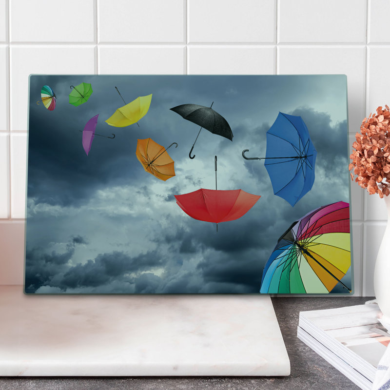 Ambesonne Colorful Cutting Board Large Size Flying Umbrellas Clouds Multicolor