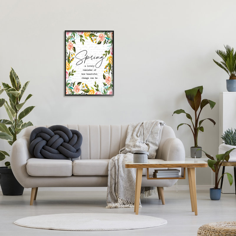 «Cheerful Spring», typographie citation florale, encadrement noir, estampe numérique texturée par lettrage et doublure
