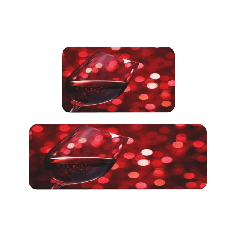 Red Wine Bokeh Print Kitchen Rugs for Kitchen & Bar Area, Red Black Home Decor Set of 2