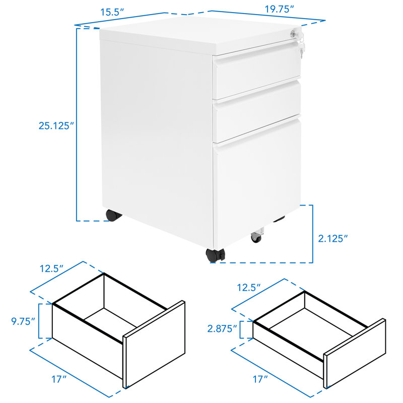 Mount-It! Three Drawer Cabinet for Under Desk with Wheels with Lock for Files, and Materials, White