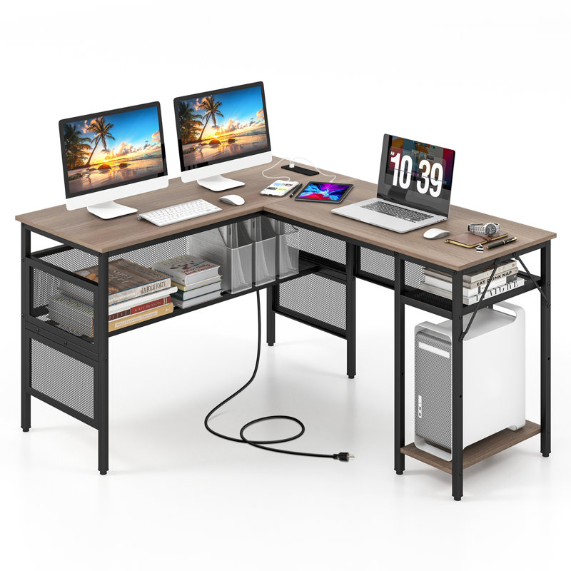 Ardeley L-Shaped Metal Base Computer Desk with Power Outlet