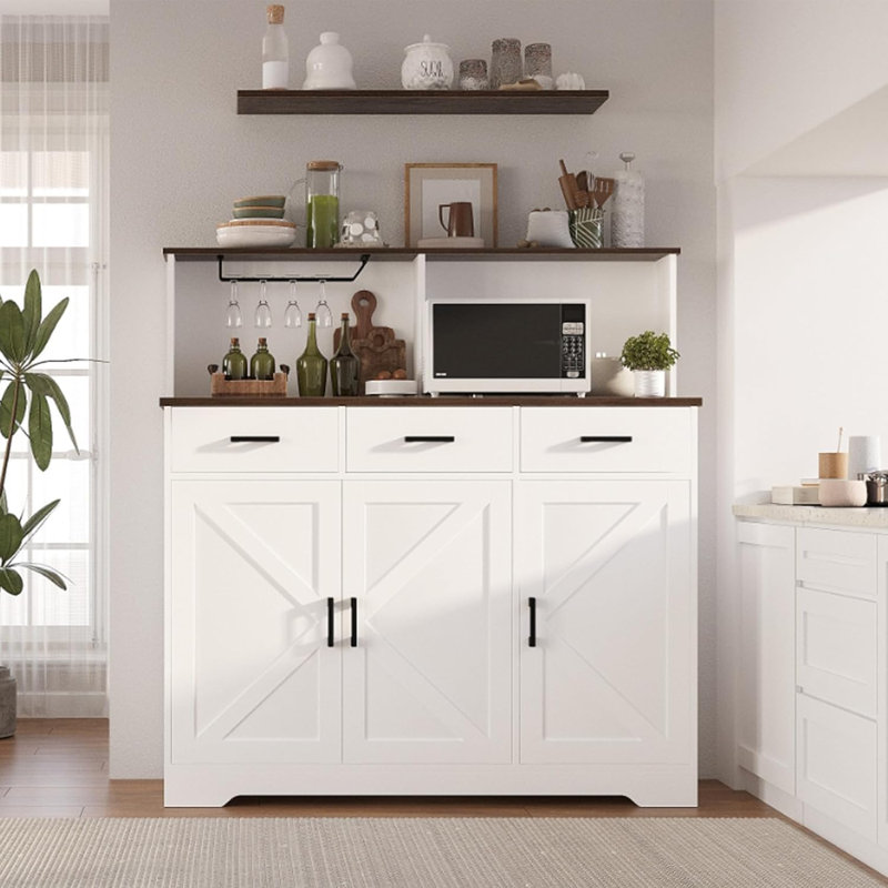 Meuble de rangement moderne pour micro-ondes avec portes et trois tiroirs, support pour micro-ondes double face à plusieurs portes, meuble de cuisine spacieux pour une organisation efficace, blanc