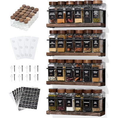 4-Tier Wall Mount Spice Rack Organizer with 24 Glass Jars, 216 Labels & Funnel - Screw/Adhesive Mount, Black Metal & Wood Spice Storage for Kitchen Pantry Cabinet, 11.6”L x 2.4”W x 3.2”H