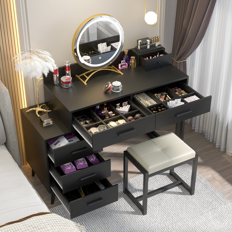 Meuble-lavabo avec miroir et tabouret Foivos, Noir
