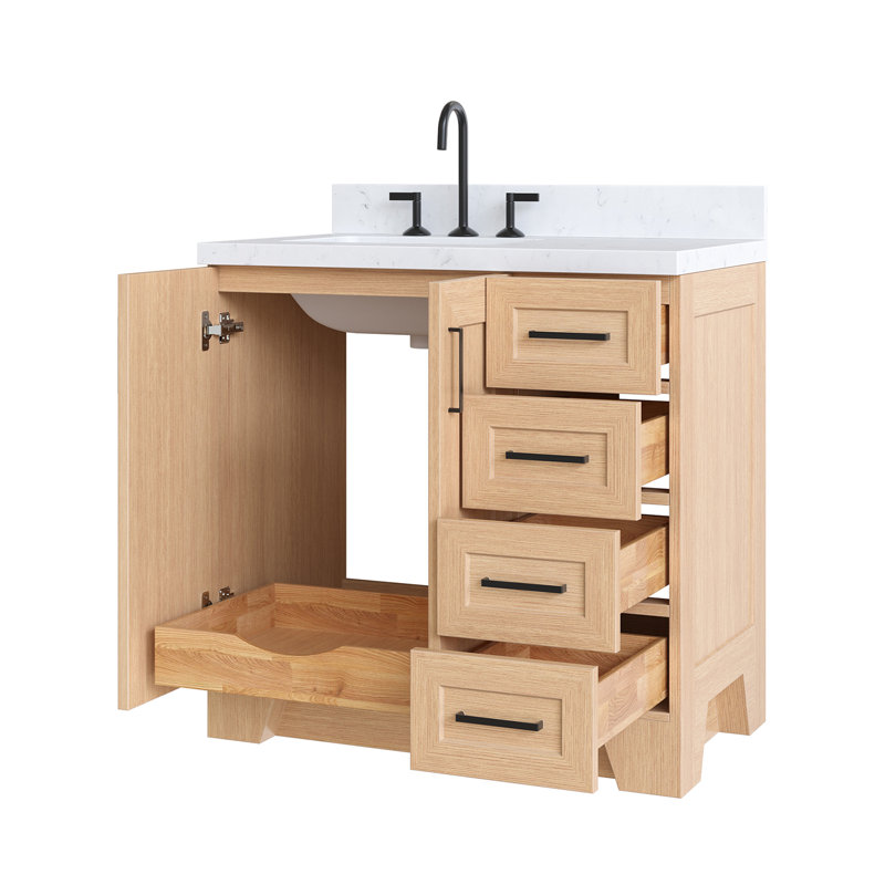 Meuble-lavabo simple en bois massif 36 po Frawley en blanc avec plateau en quartz blanc Carrara 1,5 po, évier gauche décalé, rectangle