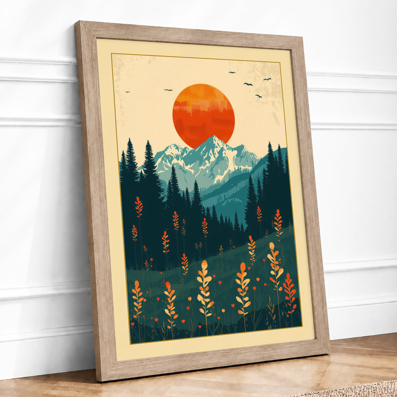 Mountain Under Golden Sun Minimalist - Framed Print, A4 - 29.7 x 21.0 cm, Oak