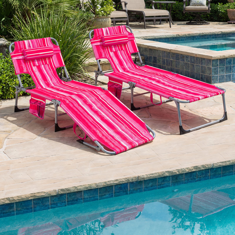 Outdoor Beach Lounge Chair Folding Chaise Lounge with Pillow Light Pink, 1