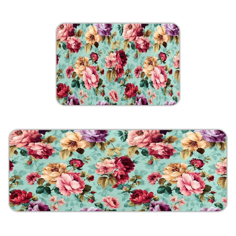 Turquoise Floral Kitchen Mats 2 PC Kitchen Corridor