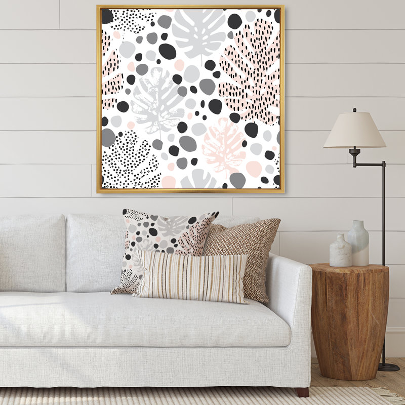 Éléments abstraits dans des tons de gris, feuilles tropicales - impression sur toile, H 36 po x l 36 po x P 1 po