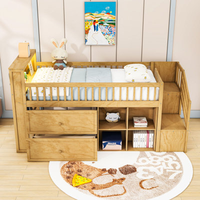 Twin Loft Bed With LED Light, Bookshelf, Stairs, Drawers And Shelves