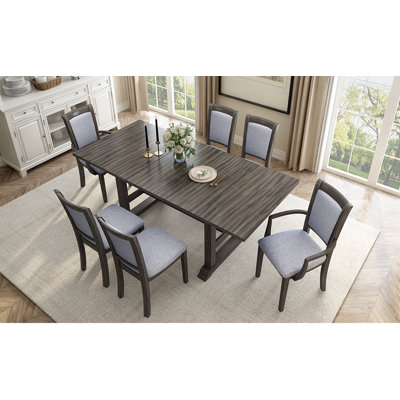 7-Piece Updated 76.9Inch Extendable Trestle Dining Table Set With Removable Leaf, Kitchen Table Set With Upholstered Side Chair And Arm Chair, Set Of -  Latitude RunÂ®, 1A86B8DDA53B49438655FC79539AC1D8