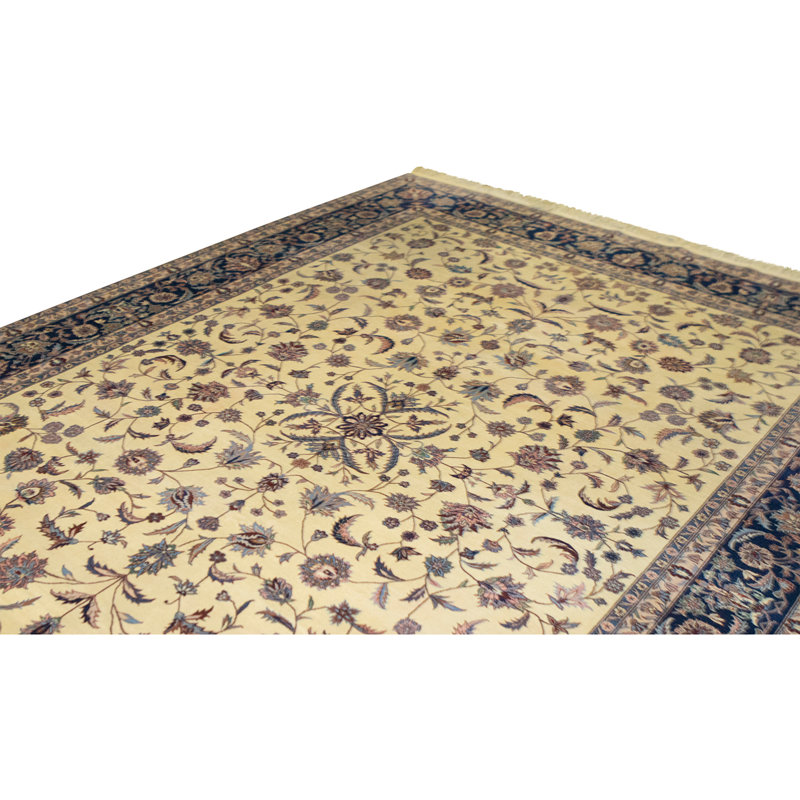 Tapis ivoire et bleu marine noué à la main de haute qualité