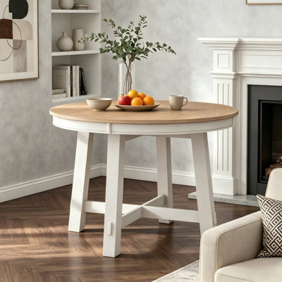 Farmhouse Round Extendable Dining Table with 16" Extension Leaf, Oak Natural Wood and Antique White Finish