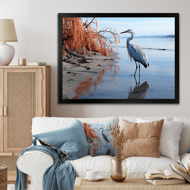 Heron Morning Stroll, reproduction d'art sur toile, H 16 po x l 32 po x P 1 po, Cadre photo noir