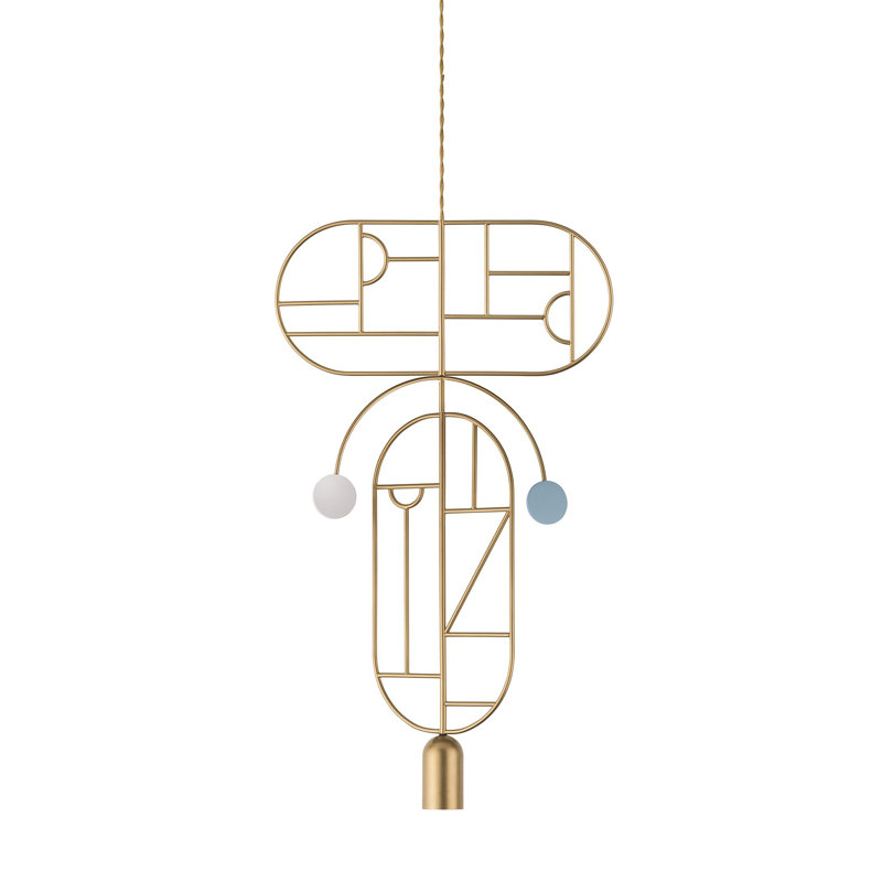 Luminaire suspendu géométrique 1 lumière H 29,5 "à pois en bois, Bleu / blanc, Laiton