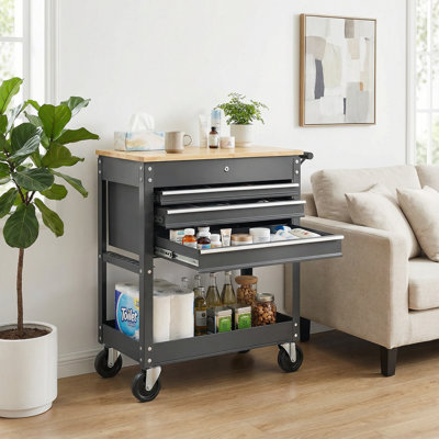 3-Drawer Rolling Tool Chest With Lock, Tool Cart Storage Organizer Trolley With Open Shelf and Wood Top