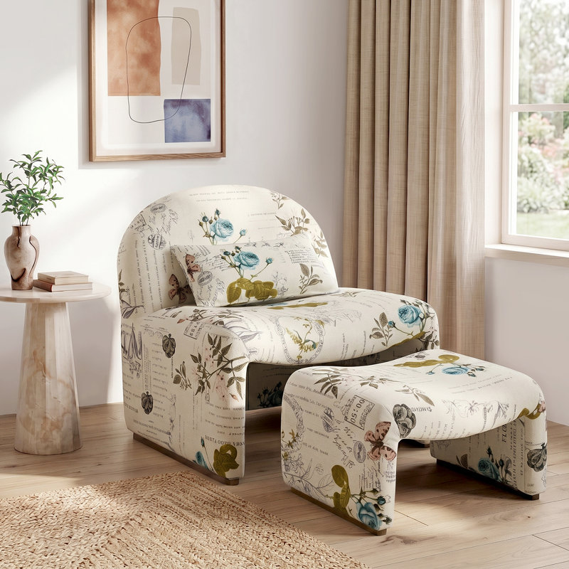 Fauteuil demi-tonneau rembourré avec repose-pieds avec coussin lombaire, Floral, Beige/Ivory