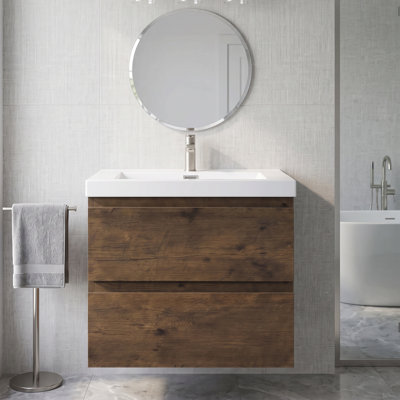 Meuble-lavabo suspendu flottant en mélamine de 24 po avec lavabo intégré en résine et carbonate de calcium, quincaillerie de qualité supérieure à fermeture en douceur, agencement de rangement intelligent et spacieux (entièrement assemblé)
