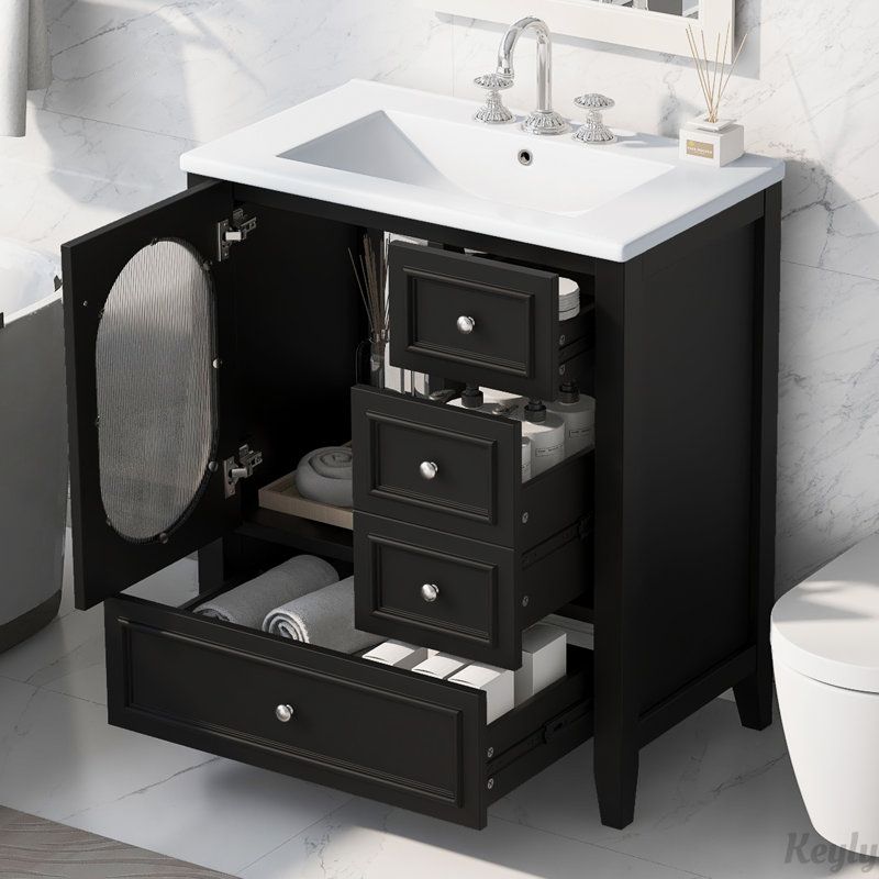 Meuble-lavabo 30 po avec lavabo, trois tiroirs et porte, Noir