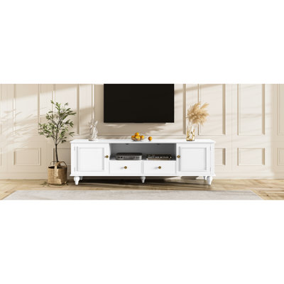 Meuble télé moderne de 80 pouces avec 2 tiroirs, 5 armoires, 5 pieds pleins et un compartiment ouvert pour les besoins d'installation de la maison