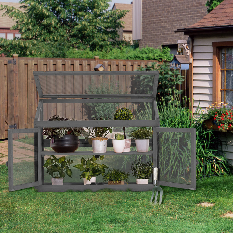 Dark Gray Fir Wood 2-Tier Cold Frame Garden Greenhouse