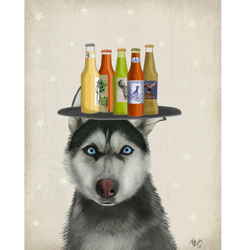 Trinx Fab Funky Gallery Wrapped Canvas Art Titled: Husky 2 Beer Lover, 45" H x 36" W