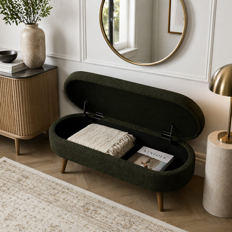Repose-pieds de rangement ovale en tissu avec pieds en bois d'hévéa, parfait pour la décoration intérieure et une utilisation multifonctionnelle