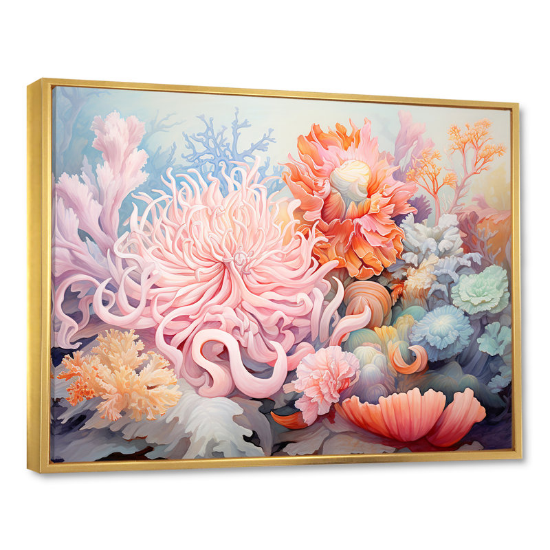Pink Anemone Symphony, reproduction d'art sur toile, H 16 po x l 32 po, Cadre flottant doré