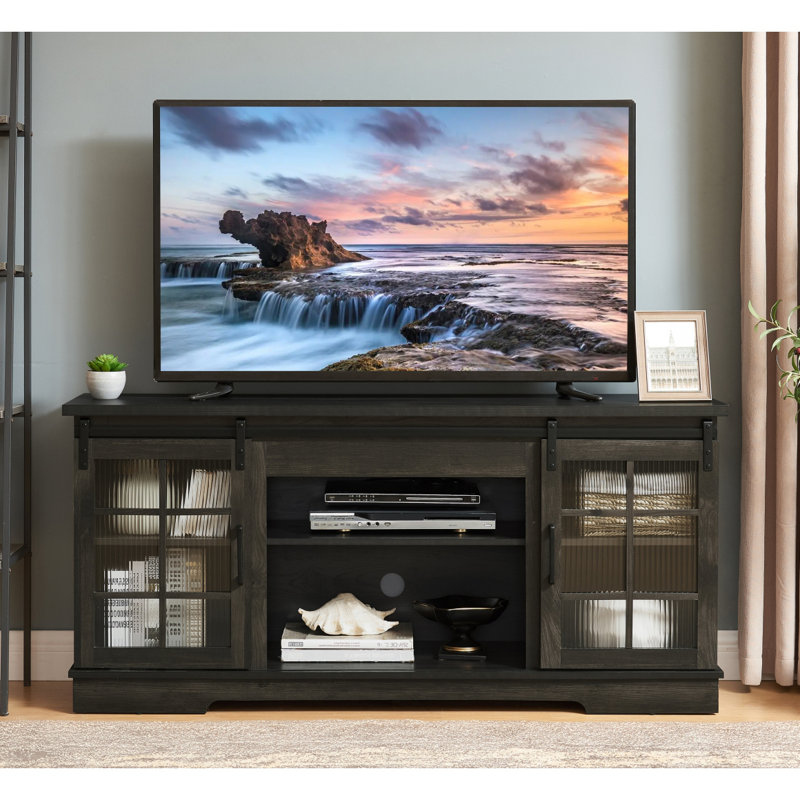 Multipurpose Sliding Door TV Stand Large Storage Cabinet With 2 Sliding Fluted Glass Tempered Doors, TV Up To 65'', TV Desk Storage Rack, 59.13"W*15.94"D*27.8"H