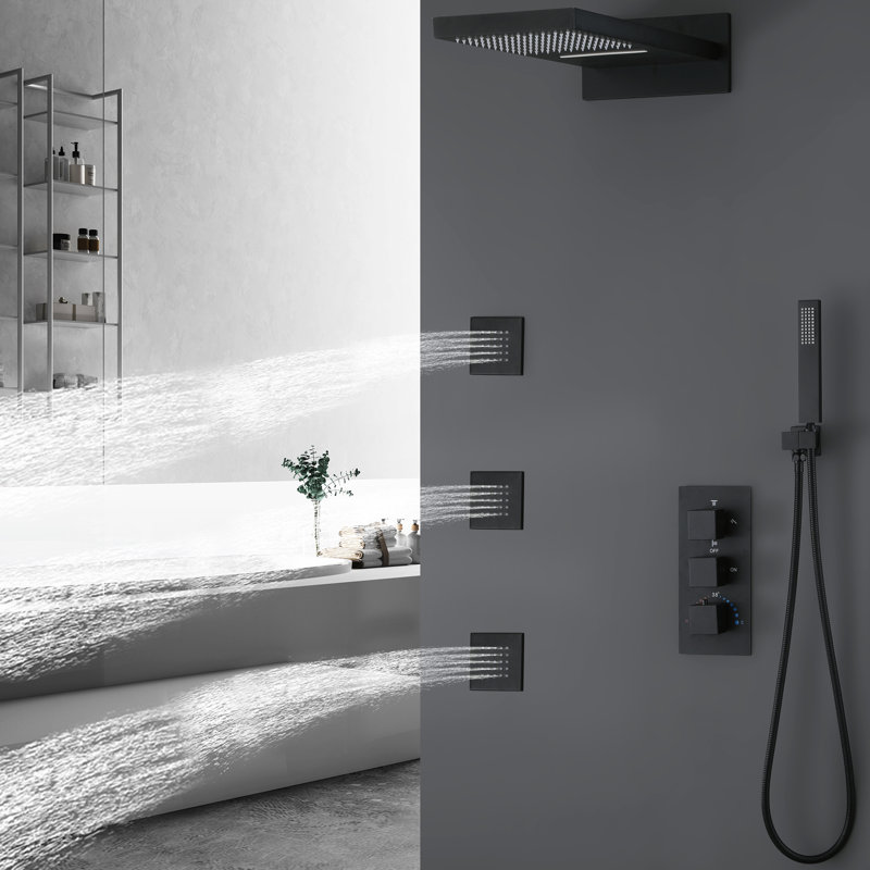 Système de douche thermostatique 22,36 * 10,63 ", pomme de douche murale à 4 fonctions de pluie et cascade avec douchette et 3 jets de corps avec valve brute