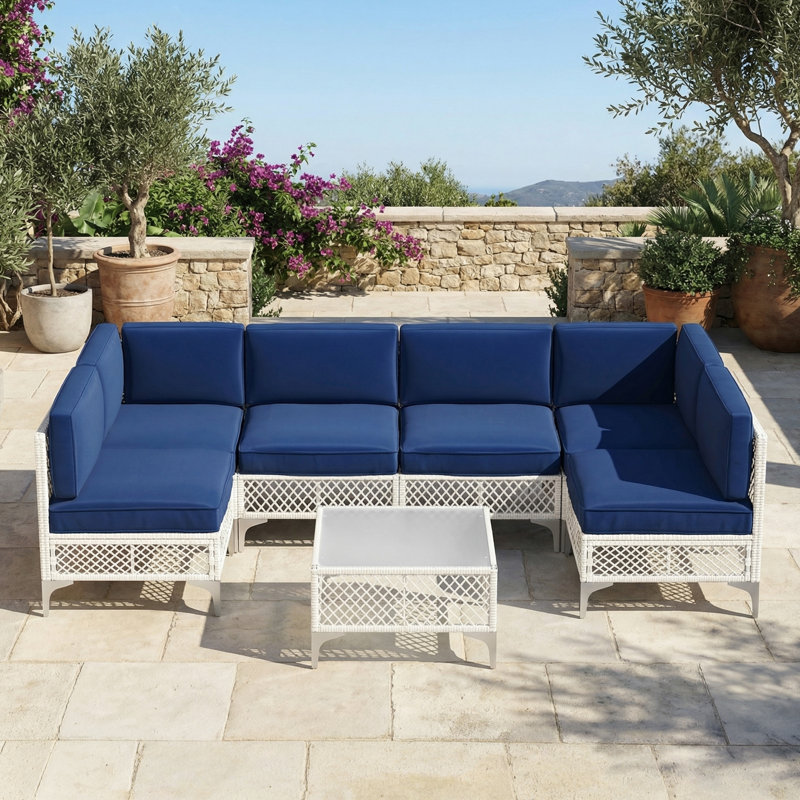 6 - Person Premium Patio Wicker Sectional Seating Group With Cushions, Blue Cushion/White Frame