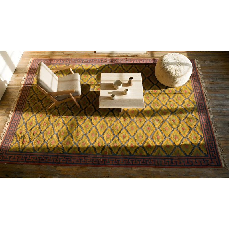 Yellow Gold Color Antique Tribal Geometric Cotton Dhurrie Wide Gallery Rug