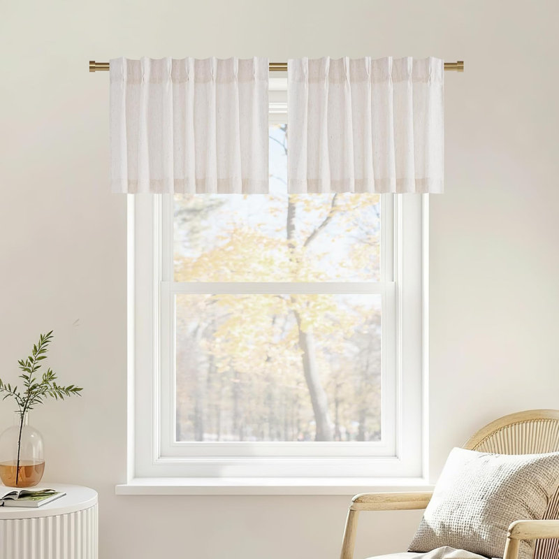  Pinch Pleated Linen Valances for Windows, 2 Panels Set Farmhouse Light Filtering Small Sheer Curtains for Cafe Bar Kitchen Over Sink Christmas Decor