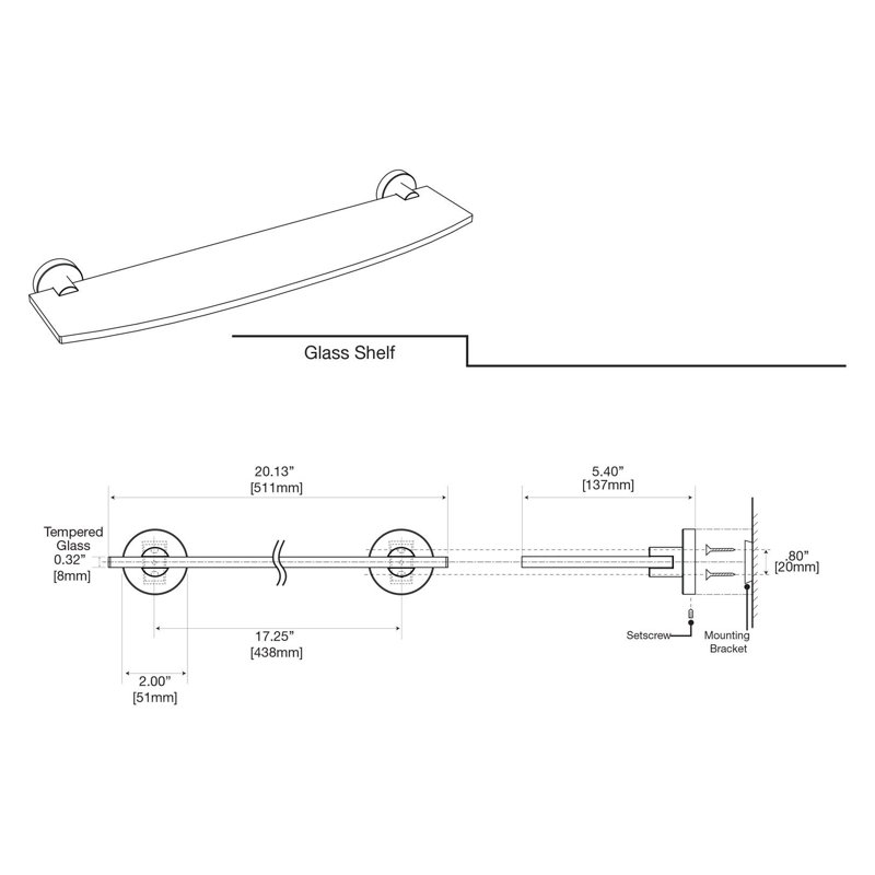 Gatco Reveal Wall Mounted Curved Tempered Glass Shelf | Floating Glass Shelf, Satin Nickel
