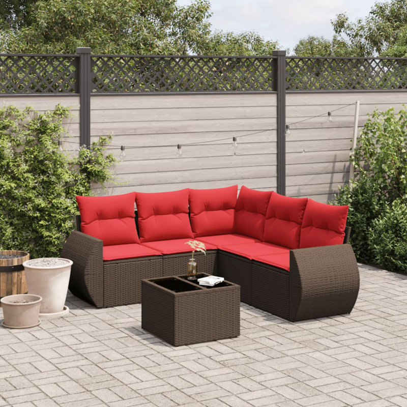 Ensemble de canapé de patio 6 pièces avec coussins en rotin de polyester, Rouge, Brun