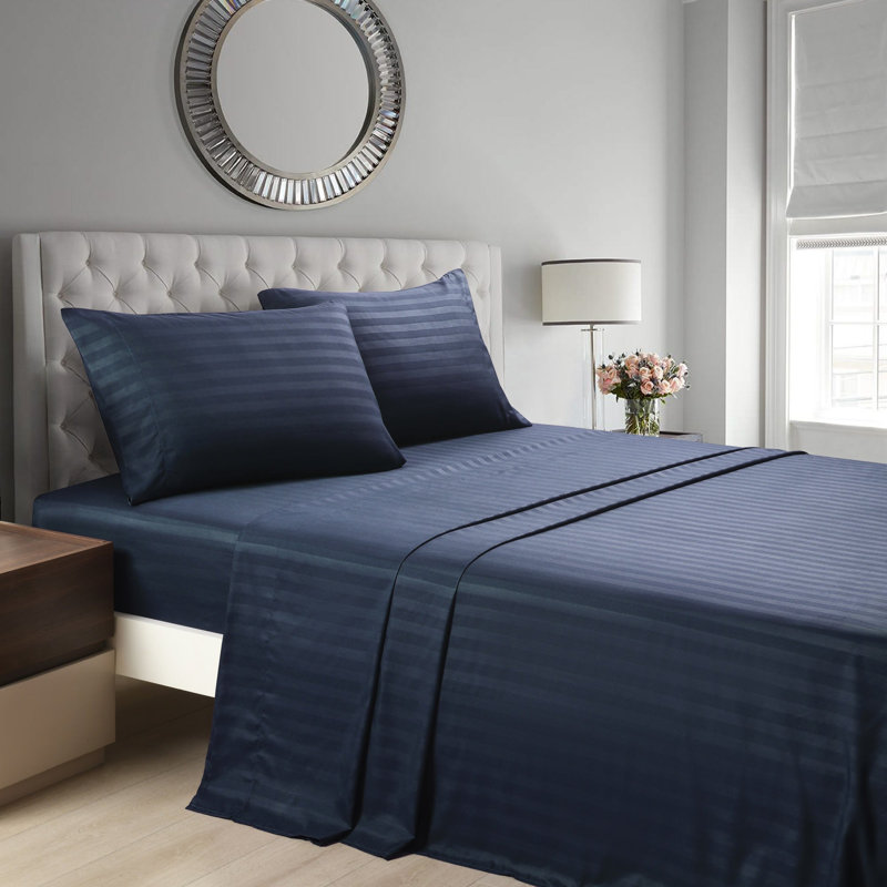 3/4 Pcs Luxury Striped Bed Sheets Set, Blue, Twin Sheet Set with 1 Pillowcase