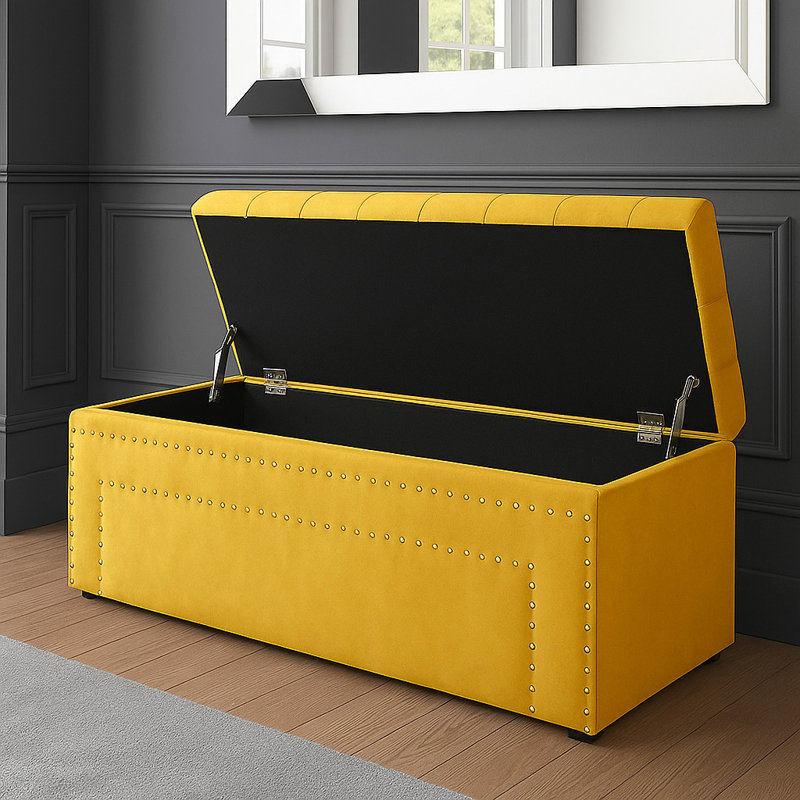 Duke Ottoman Storage Box - Chesterfield Upholstered Blanket Box - Plush Velvet Ottoman Bench with Storage, Mustard Gold
